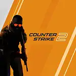 Counter-Strike 2 game cover with masked soldier in black and orange theme.