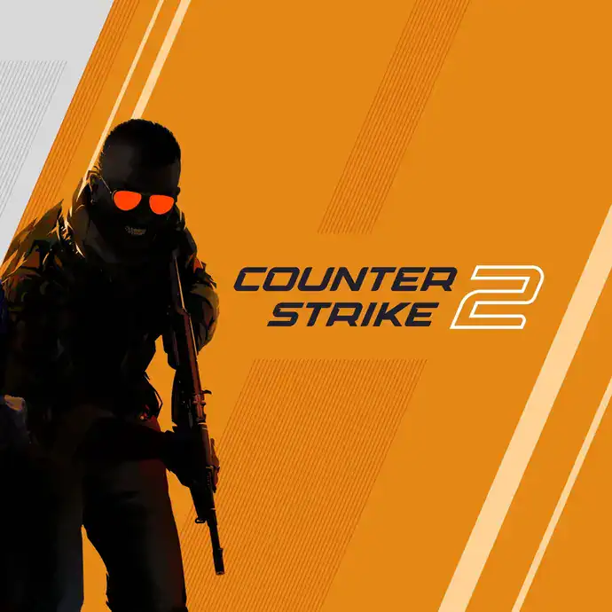 Counter-Strike 2 game cover with masked soldier in black and orange theme.