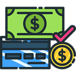 Money management and financial success illustration with digital currency and checkmark elements.